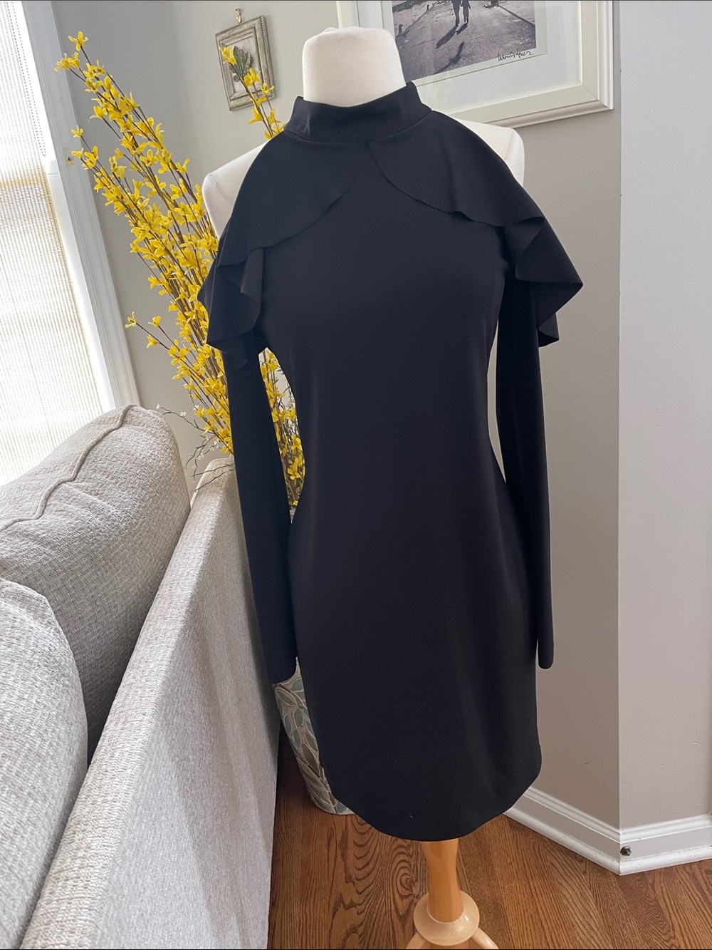 Black Mock Neck Ruffle Sleeve Knee-Length Dress